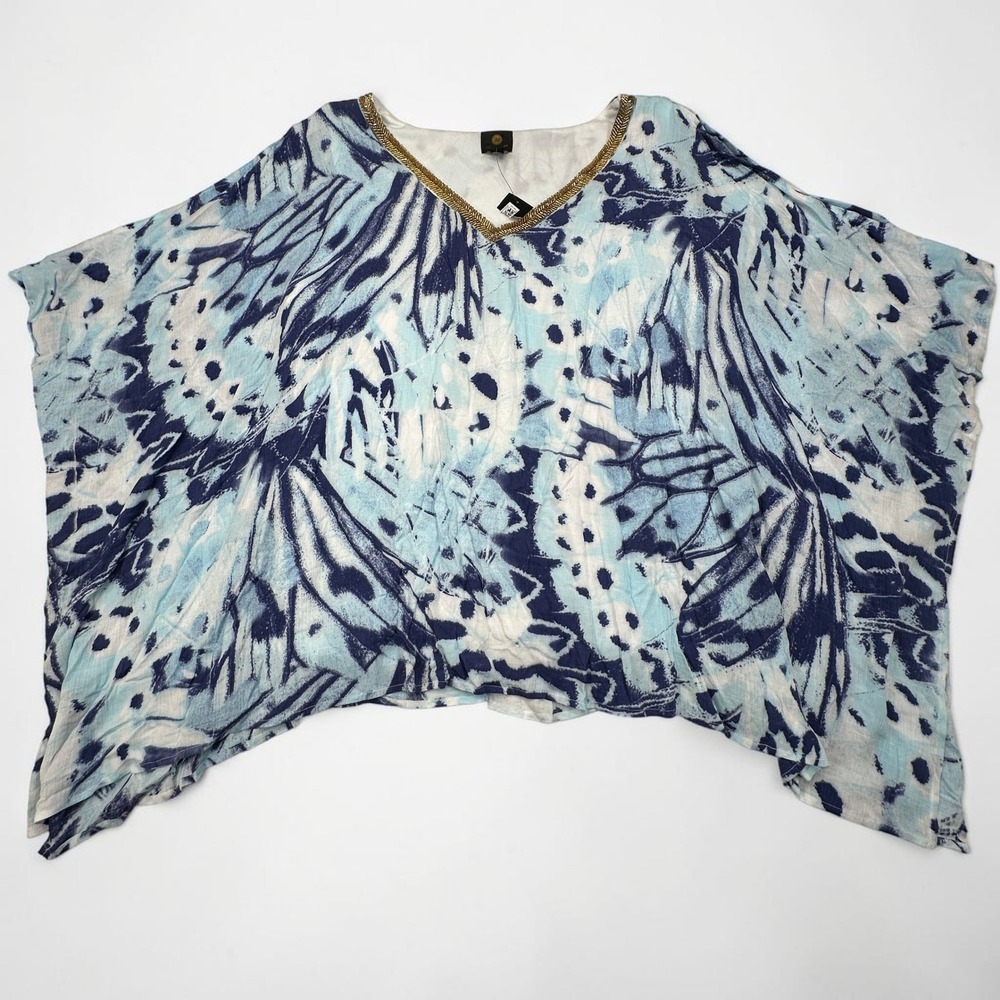 JM Collection Poncho Top Women‎ XXL Blue Butterfly Print Beaded Tank Lined NEW